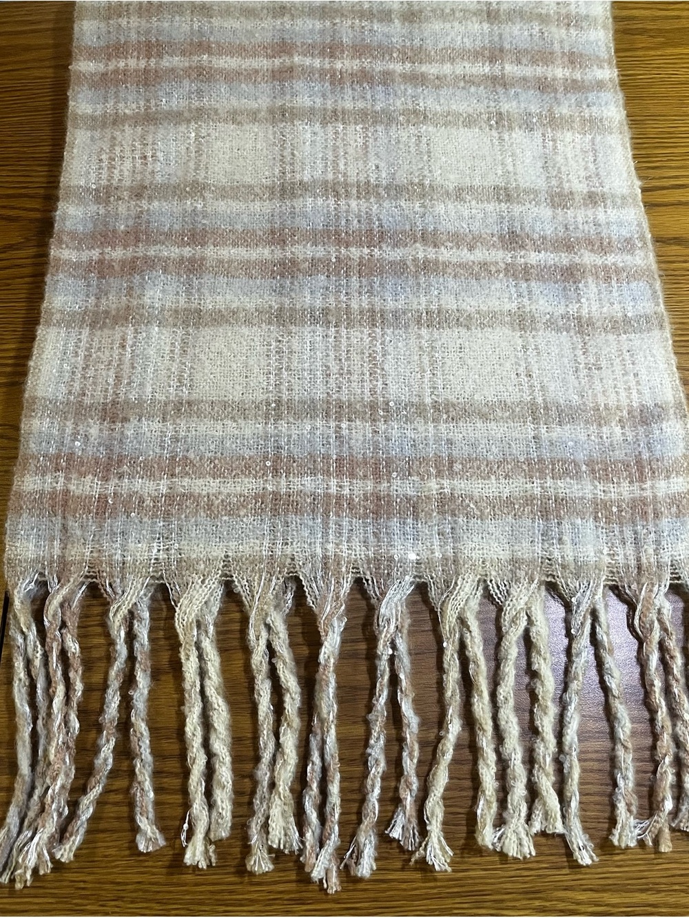 Soft Plaid Fringe Blanket Scarf in Beige and Cream With Sequins 16”x81”
